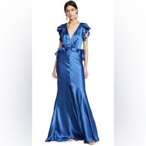 Maria Lucia Hohan Blue Silk V-neck Shirin ruffled evening gown Maxi dress 10